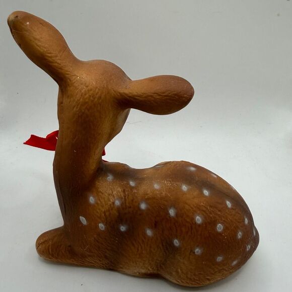 Vintage Porcelain Resting Fawn Baby Deer Figurine Red Bows Gold Bell  5” - Picture 4 of 5